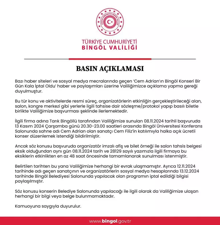 Bingöl Valiliği’nden Cem Adrian Konseri İptali Hakkında Flaş Açıklama!